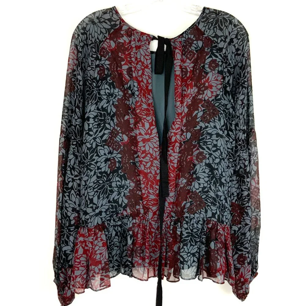 New Cinq a Sept Silk Chiffon Floral Tie Back Peplum Blouse Red Black Sz XS - Picture 3 of 16